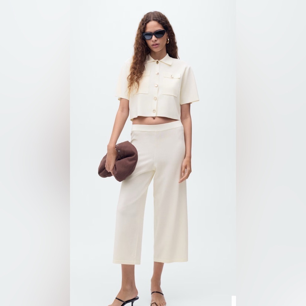 NEW MNG Mango CROP KNIT WIDE LEG TROUSERS - Picture 1 of 9